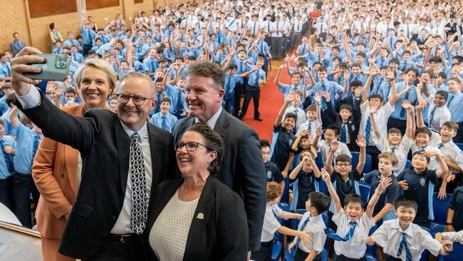 Anthony Albanese at his former high school, St Mary’s Cathedral College Sydney, on Wednesday to celebrate the official launch of the first student parliament.