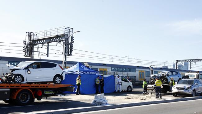 The crash shut down the bridge for several hours. Picture: Jonathan Ng