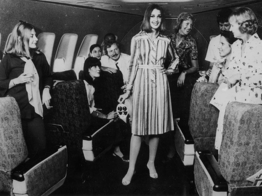 A fashion show on a Qantas Boeing 747 aeroplane in 1976. Picture: Unidentified staff photographer