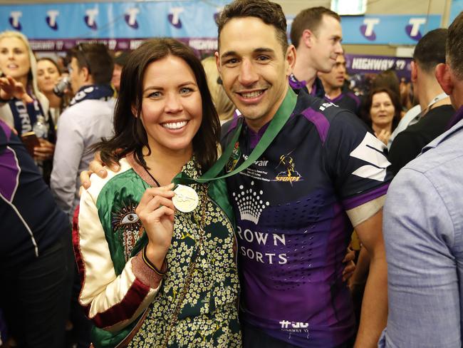 Melbourne's Billy Slater and wife Nicole after the 2017 NRL Grand Final. Picture: Brett Costello