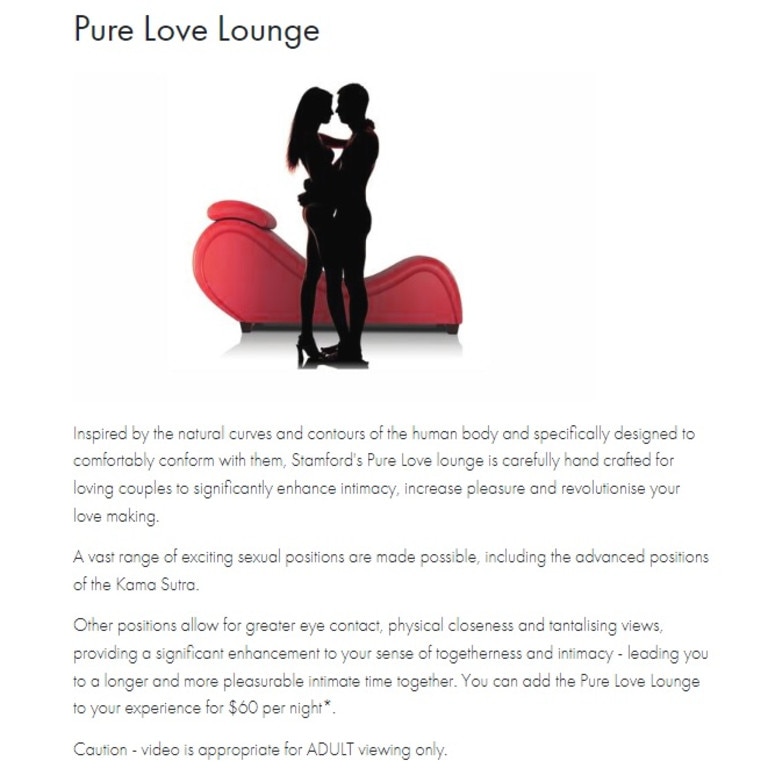 Stamford Hotels and Resorts offer ‘love lounges’ to its guests where they can try 20 sex positions. Picture: Stamford Hotels and Resorts