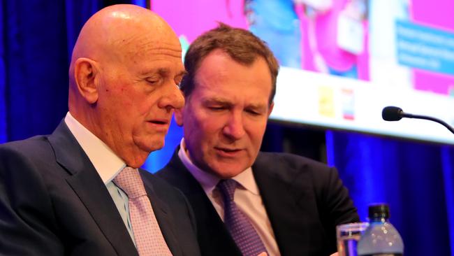 Premier Investments chairman Solomon Lew and CEO Mark McInnes at the 2018 Premier Investments AGM in Melbourne. Picture: Stuart McEvoy