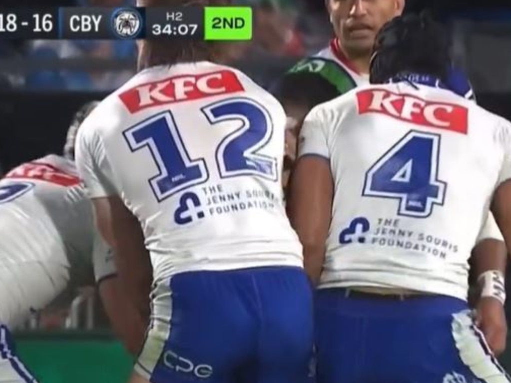 Commentators were left stunned after Stephen Crichton avoided the sin bin for a high shot on Roger Tuivasa-Sheck. Picture: Fox League