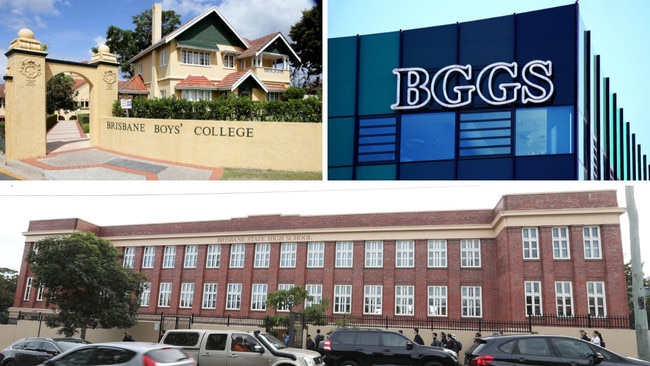 Clockwise from top left, Brisbane Boys’ College, Brisbane Girls Grammar School and Brisbane State High School