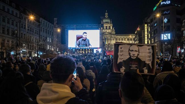 Volodymyr Zelensky is beamed to a demonstration at Venceslas square in Prague. Picture: AFP