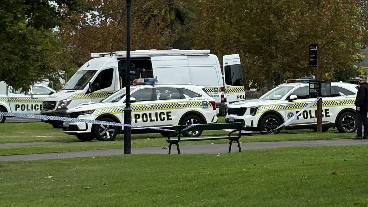 Police at the scene in North Adelaide on Sunday. Picture: Isabel McMillan