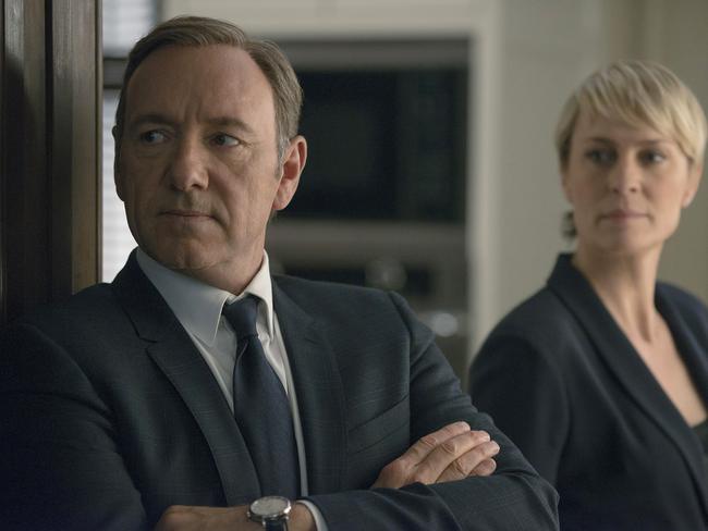 Kevin Spacey and Robin Wright in a scene from House of Cards, which has been cancelled in the wake of the scandal. Picture: Nathaniel Bell