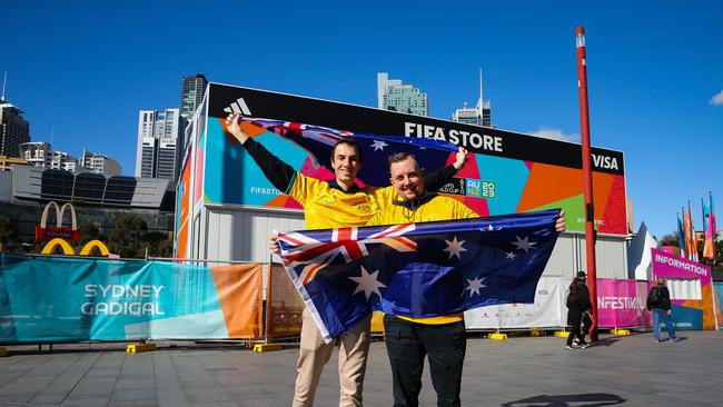 Matildas fans Pat Lugowski and Justin Sunderland are getting their spots early at Tumbalong Park in Darling Harbour. Picture: NCA NewsWire / Gaye Gerard