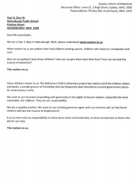 Independent Senator David Leyonhjelm received this letter from the class.