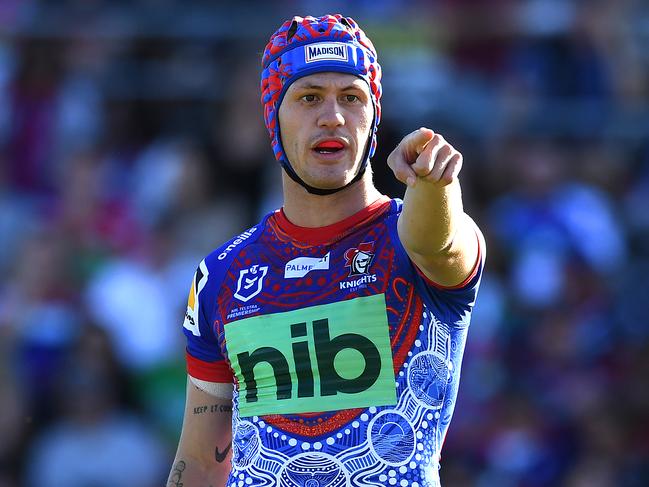 BRISBANE, AUSTRALIA - MAY 28: Kalyn Ponga of the Knights gestures during the round 12 NRL match between the New Zealand Warriors and the Newcastle Knights at Moreton Daily Stadium, on May 28, 2022, in Brisbane, Australia. (Photo by Albert Perez/Getty Images)