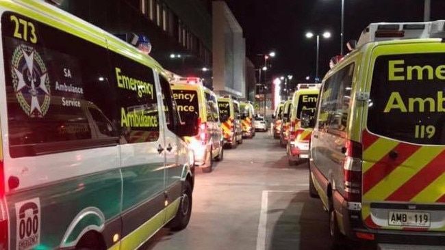 Ambulances ramp at the Royal Adelaide Hospital, waiting for space to discharge their patients earlier this month. Picture: Ambulance Employees Association Facebook page