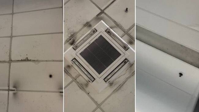 Multiple images show blackened patches on the ceiling of the shopping centre.