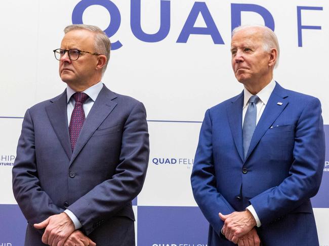 Australian Prime Minister Anthony Albanese (L) and US President Joe Biden attend the Japan-US-Australia-India Fellowship Founding Celebration event on May 24, 2022 on May 24, 2022. (Photo by Yuichi Yamazaki / POOL / AFP)