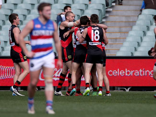 Jaydn Brind celebrates a goal in his first game. Photo: Simon Cross.