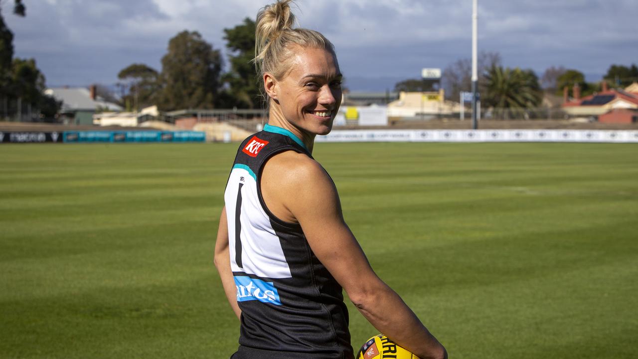Erin Phillips models the No. 1 Port Adelaide jumper she wears this season as the club’s inaugural AFLW captain. Picture Emma Brasier