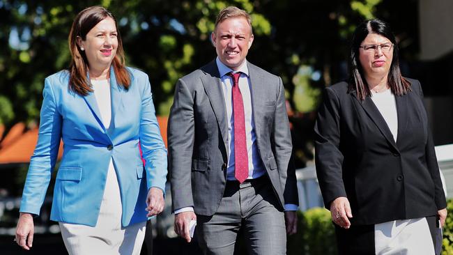 Queensland Premier Annastacia Palaszczuk, Deputy Premier Steven Miles and Racing Minister Grace Grace. Picture: Sarah Marshall