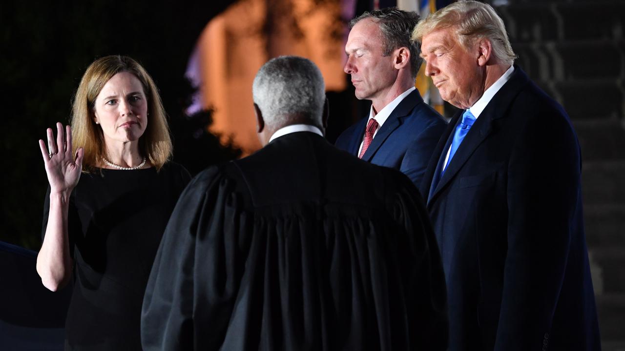 Supreme Court Justice Amy Coney Barrett is sworn in. Picture: Nicholas Kamm/AFP