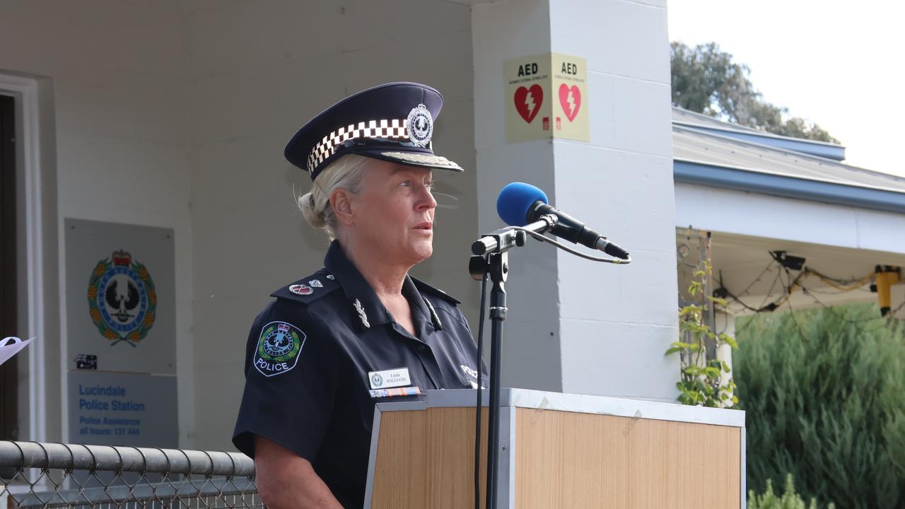 Acting Commissioner Linda Williams pays tribute to Brevet Sergeant Jason Doig. Picture: Riley Walter