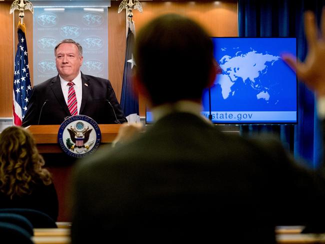 US Secretary of State Mike Pompeo takes a question from a reporter during a news conference at the State Department. Picture: AFP