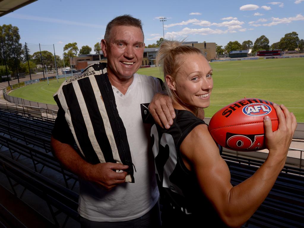 Phillips pictured back in 2015 with her father Greg when she was originally unveiled as a Power women’s player. Picture: Keryn Stevens