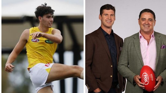 Richmond ruckman Samson Ryan and Fox Footy’s Jonathan Brown and Garry Lyon. Photos: News Corp and Alex Coppel