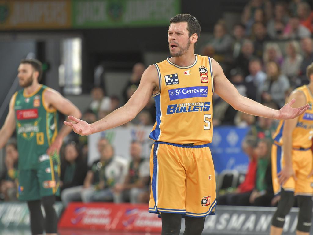 Jason Cadee reacts to a call in Brisbane’s loss to the Jackjumpers. Picture: Simon Sturzaker/Getty Images