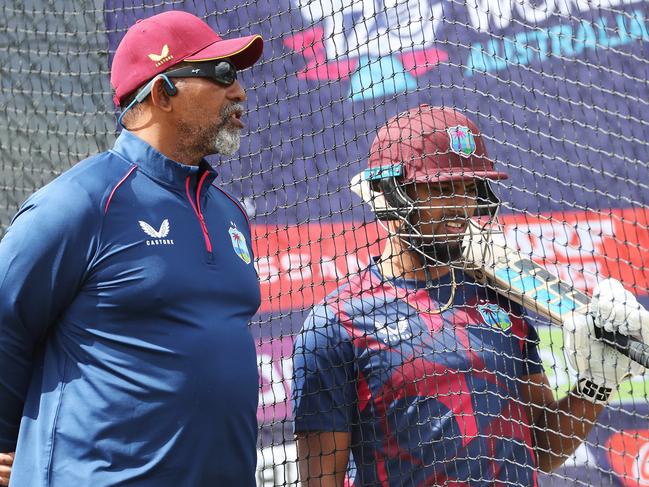 Phil Simmons coach West Indies with captain Nicholas Pooran.  West Indies team training at Kingston ahead of their first T20 World Cup game in Hobart.  Picture: Nikki Davis-Jones