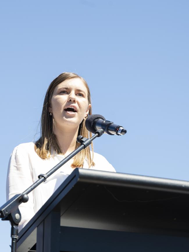 Brittany Higgins speaks at the Canberra Womens March 4 Justice. Picture: /Getty Images.