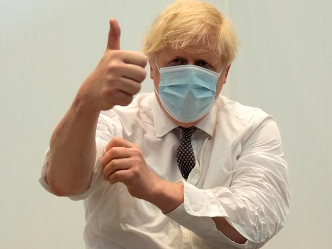 Britain's Prime Minister Boris Johnson gives a thumbs up after receiving his second jab of the Oxford/AstraZeneca Covid-19 vaccine. Picture: AFP