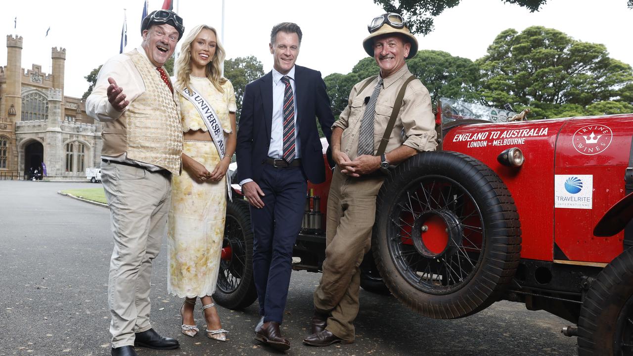 Matthew Benns, Miss Australia Zoe Creed, NSW Premier Chris Minns and Warren Brown with the 1924 Bean at Government House in Sydney. Picture: Richard Dobson