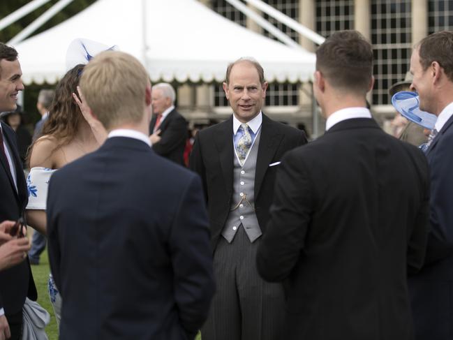 Prince Edward,The Earl of Wessex talks to guests during a garden party at Buckingham Palace on May 16, 2017 in London, England. Picture: Getty