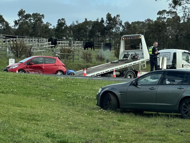 Police and paramedics were called to the corner of Batman Rd and Portarlington Rd following a car crash that resulted in two people being hospitalised. Picture: Supplied.