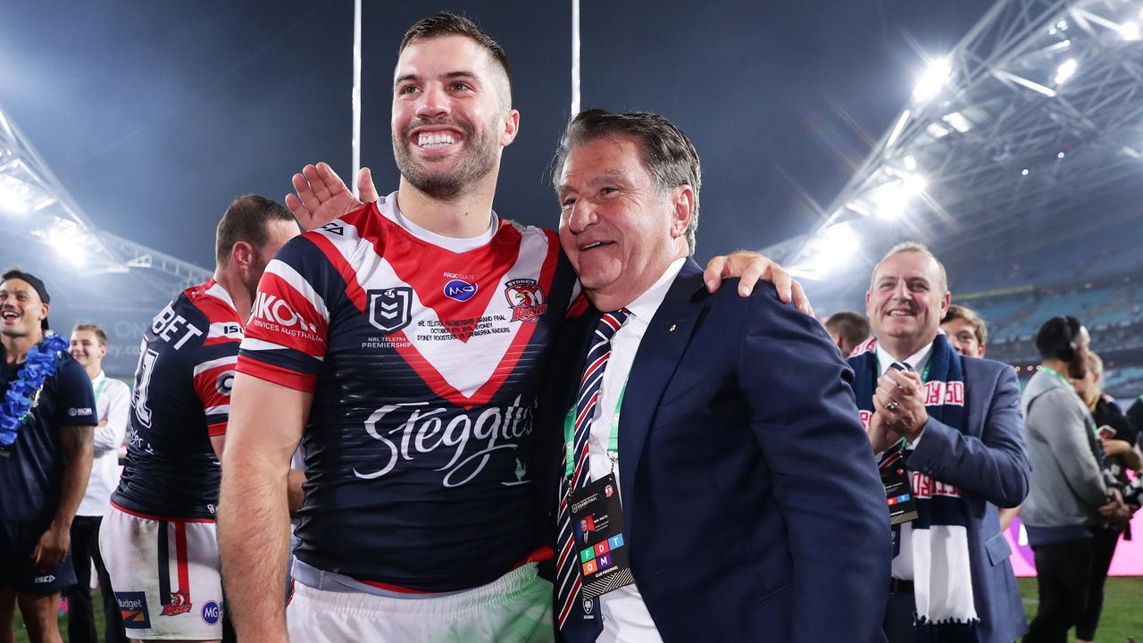 Roosters chairman Nick Politis celebrates with James Tedesco after the 2019 grand final. Picture: Matt King/Getty Images