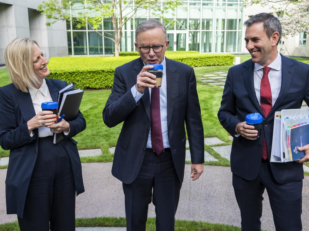 Katy Gallagher, Anthony Albanese and Jim Chalmers. Picture: Martin Ollman/Getty