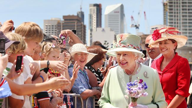 Queen Elizabeth greeted by Brisbane crowds during a walk at South Bank during the 2011 Royal Tour. Photographer: Jodie Richter