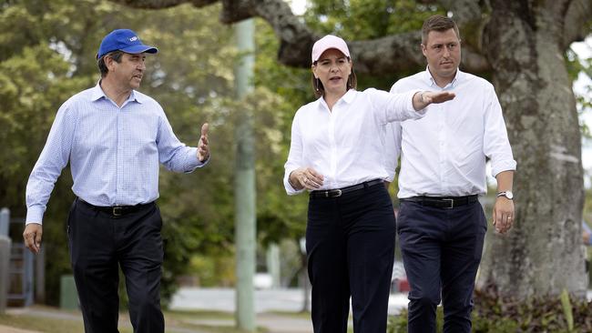 LNP member for Oodgeroo Mark Robinson, left, with federal Bowman MP Henry Pike, right, and former LNP Leader Deb Frecklington in 2020. Picture: Sarah Marshall