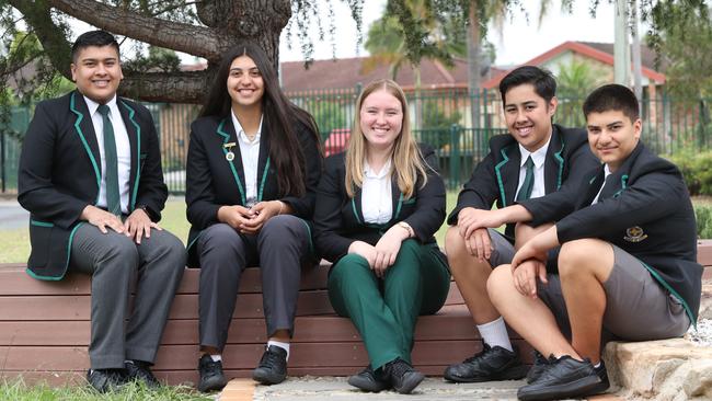 Hoxton Park High School’s Ziyyan Ali, Layla Harb, Danni McQuaggin, Braxton Rokotuku and Ahmad Maleki will be among the first cohort to be tracked after the HSC. Picture: Richard Dobson