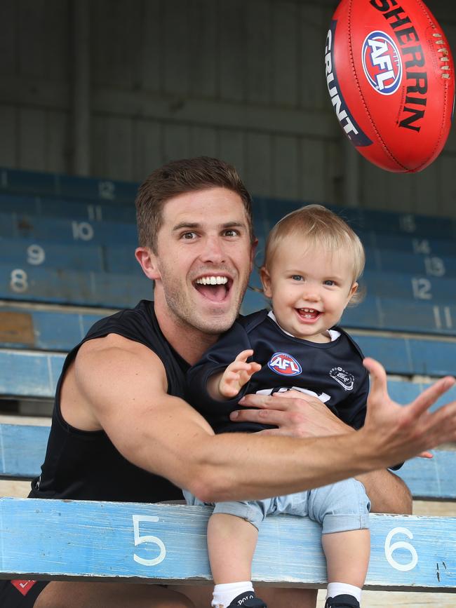 AFL veteran Marc with son, Max. Picture: David Caird