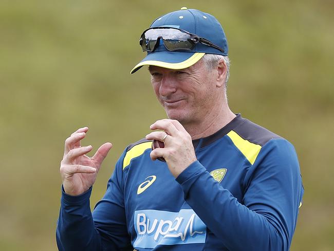 SOUTHAMPTON, ENGLAND - JULY 21: Justin Langer, coach of Australia,  and Australian Team Mentor Steve Waugh talk during a training session at The Ageas Bowl in Southampton on July 21, 2019, ahead of the first Ashes cricket test match between Australia and England at Edgbaston. (Photo by Ryan Pierse/Getty Images)