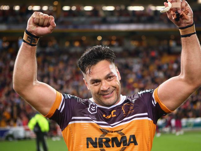 BRISBANE, AUSTRALIA - AUGUST 30: Alex Glenn of the Broncos celebrates the win during the round 24 NRL match between the Brisbane Broncos and Parramatta Eels at Suncorp Stadium on August 30, 2019 in Brisbane, Australia. (Photo by Jono Searle/Getty Images)