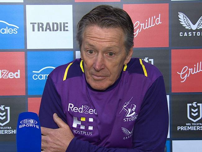 Craig Bellamy speaks after the Storm's loss to the Sharks.