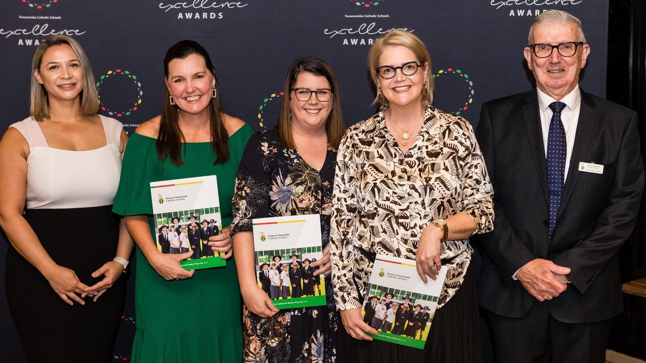 Administration, Finance and Facilities Award recipients (from second left) are Jodie McLachlan, Julie Robinson and Alex Sleba at the 2023 Toowoomba Catholic Awards.