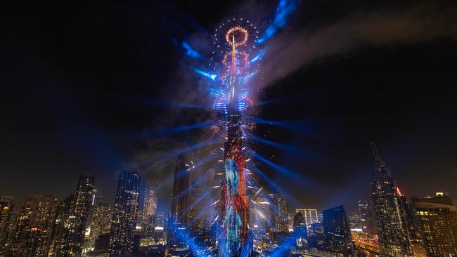 Fireworks exploding around the Burj Khalifa Tower. Picture: AFP