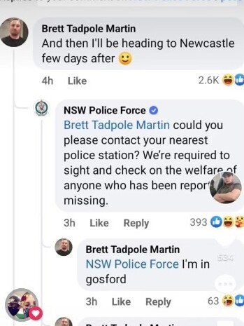 A Facebook post by police trying to locate missing Brett Martin, who then mocked them. A warrant is now out for his arrest Credit: Facebook