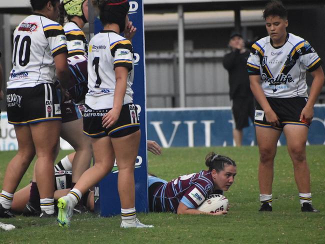 Sharni Upton goes in for one of the Capras five tries in their Round 3 win over Souths Logan Magpies.