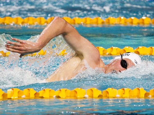 Mack Horton, winner of the Men's 1500m Freestyle on day 5 of the Australian Swimming Championships at the Brisbane Aquatic Centre in Chandler, Thursday, April 13, 2017. (AAP Image/Glenn Hunt) NO ARCHIVING, EDITORIAL USE ONLY