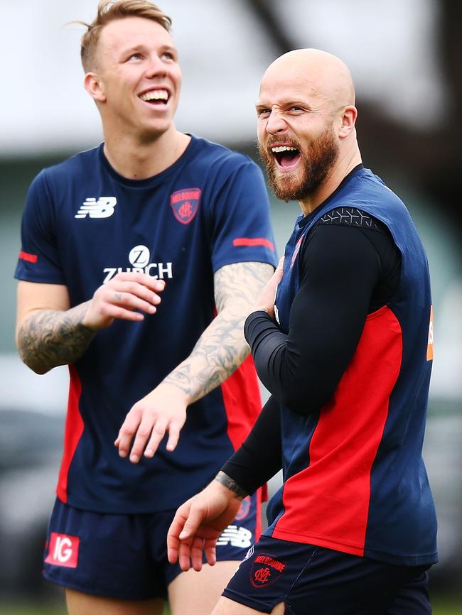 A happy Jones with teammate James Harmes at training this week. Pic: Getty Images