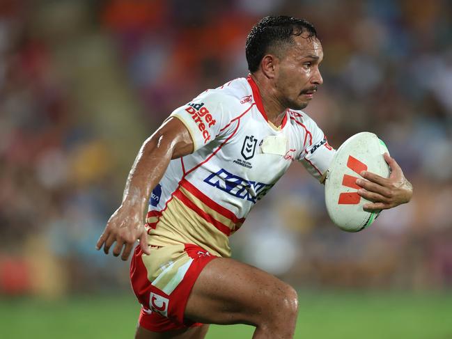 DARWIN, AUSTRALIA - APRIL 19:  Trai Fuller of the Dolphins runs the ball during the round seven NRL match between Parramatta Eels and Dolphins at TIO Stadium on April 19, 2024, in Darwin, Australia. (Photo by Mark Metcalfe/Getty Images)