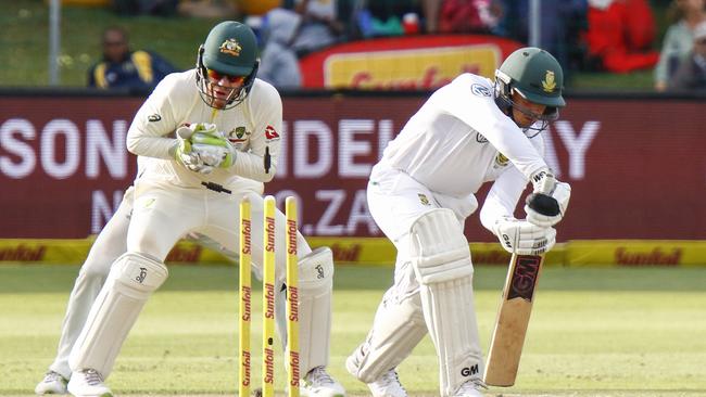 Nathan Lyon picks up Quinton de Kock with a pearler. Picture: AP