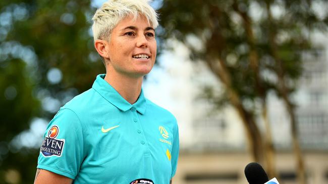 Michelle Heyman of the Matildas speaks to the media during the Matildas squad announcement. Picture: Josh Chadwick/Getty Images